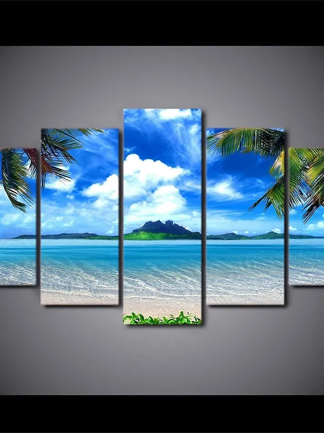 5 Panels Landscape Prints Posters/Picture Beach Blue Sea Sunset Modern Wall Art Wall Hanging Gift Home Decoration Rolled Canvas No Frame Unframed Unstretched