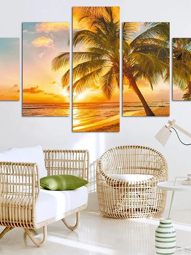 5 Panels Landscape Prints Posters/Picture Beach Blue Sea Sunset Modern Wall Art Wall Hanging Gift Home Decoration Rolled Canvas No Frame Unframed Unstretched