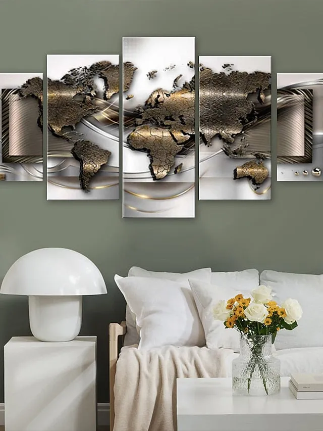 5 Panels Wall Art Canvas Prints Posters Painting Artwork Picture Abstract Gold World Map Modern Home Decoration DÃ©cor Rolled Canvas With Stretched Frame
