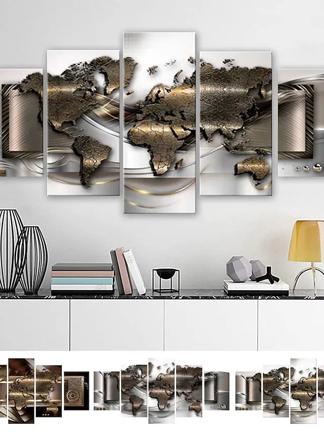 5 Panels Wall Art Canvas Prints Posters Painting Artwork Picture Abstract Gold World Map Modern Home Decoration DÃ©cor Rolled Canvas With Stretched Frame