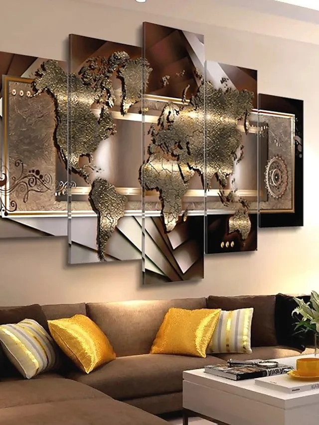 5 Panels Wall Art Canvas Prints Posters Painting Artwork Picture Abstract Gold World Map Modern Home Decoration DÃ©cor Rolled Canvas With Stretched Frame
