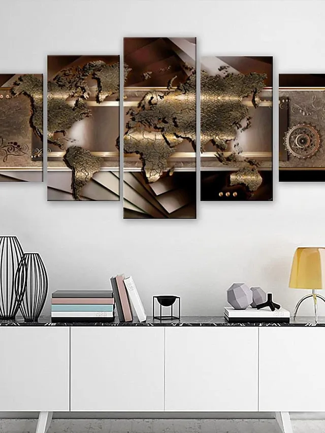 5 Panels Wall Art Canvas Prints Posters Painting Artwork Picture Abstract Gold World Map Modern Home Decoration DÃ©cor Rolled Canvas With Stretched Frame