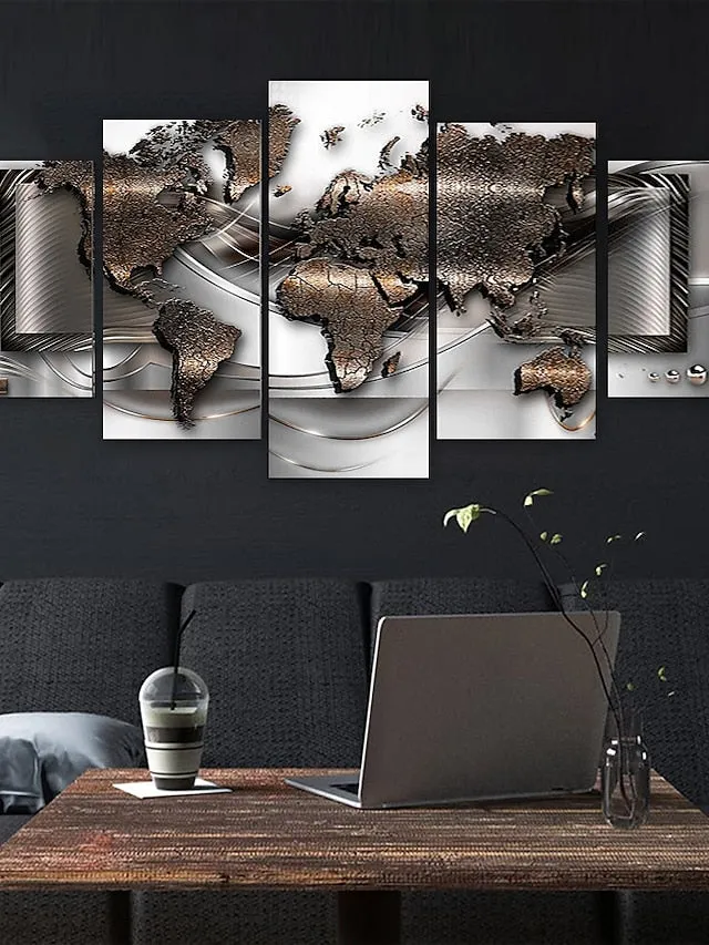 5 Panels Wall Art Canvas Prints Posters Painting Artwork Picture Abstract Gold World Map Modern Home Decoration DÃ©cor Rolled Canvas With Stretched Frame