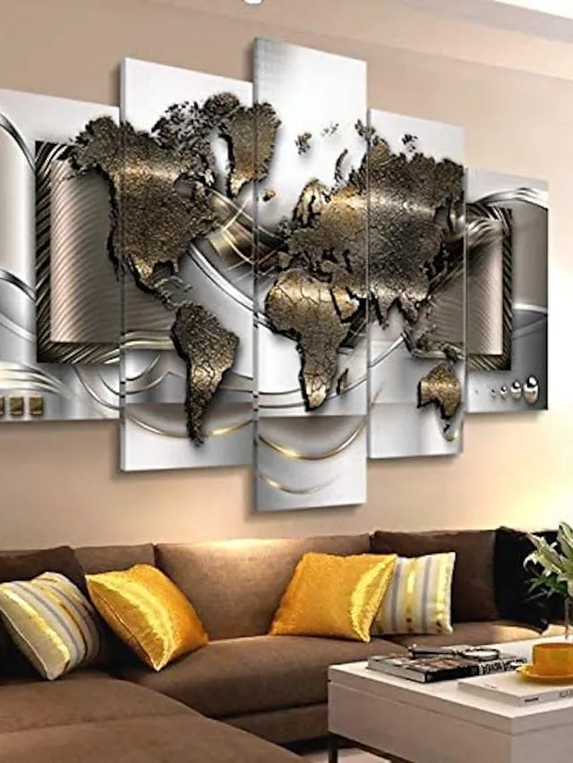 5 Panels Wall Art Canvas Prints Posters Painting Artwork Picture Abstract Gold World Map Modern Home Decoration DÃ©cor Rolled Canvas With Stretched Frame