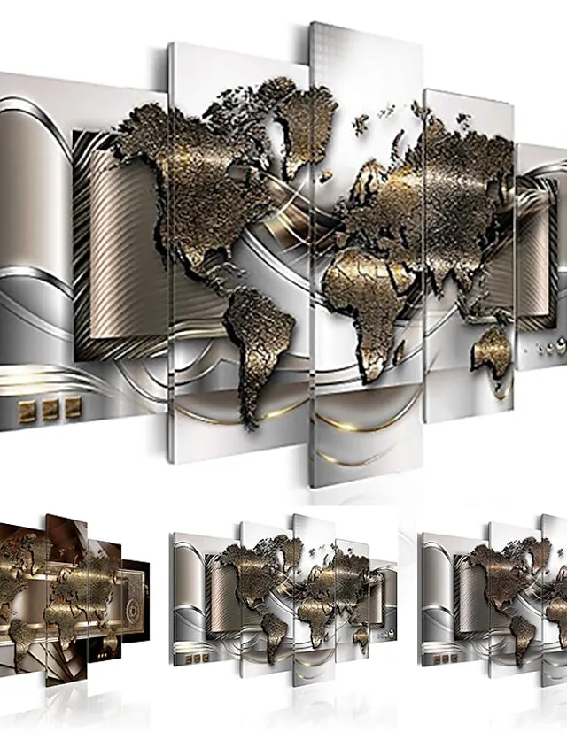 5 Panels Wall Art Canvas Prints Posters Painting Artwork Picture Abstract Gold World Map Modern Home Decoration DÃ©cor Rolled Canvas With Stretched Frame