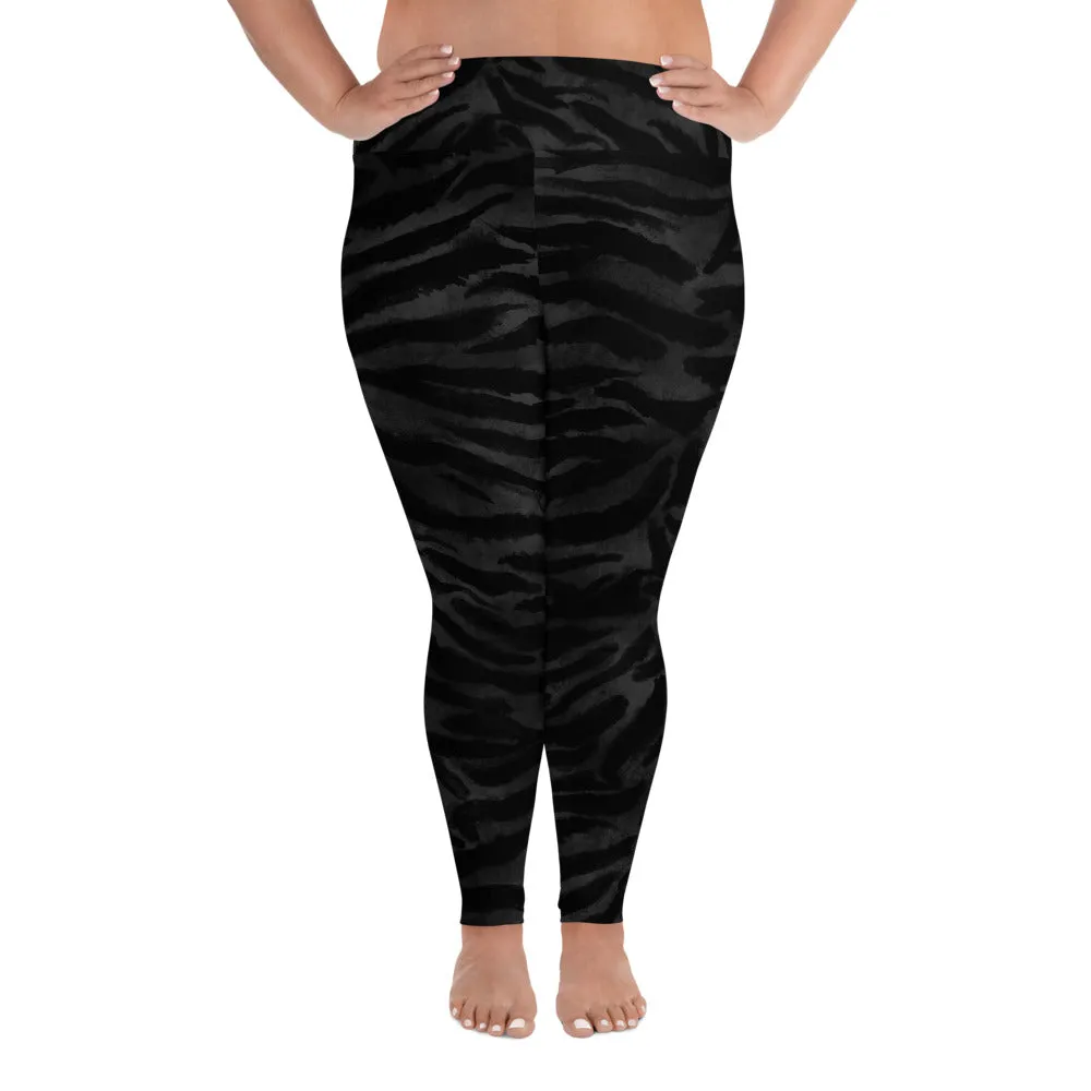 Black Tiger Plus Size Leggings, Animal Stripe Print Women's High Waist Long Yoga Pants - Made in USA/EU/MX