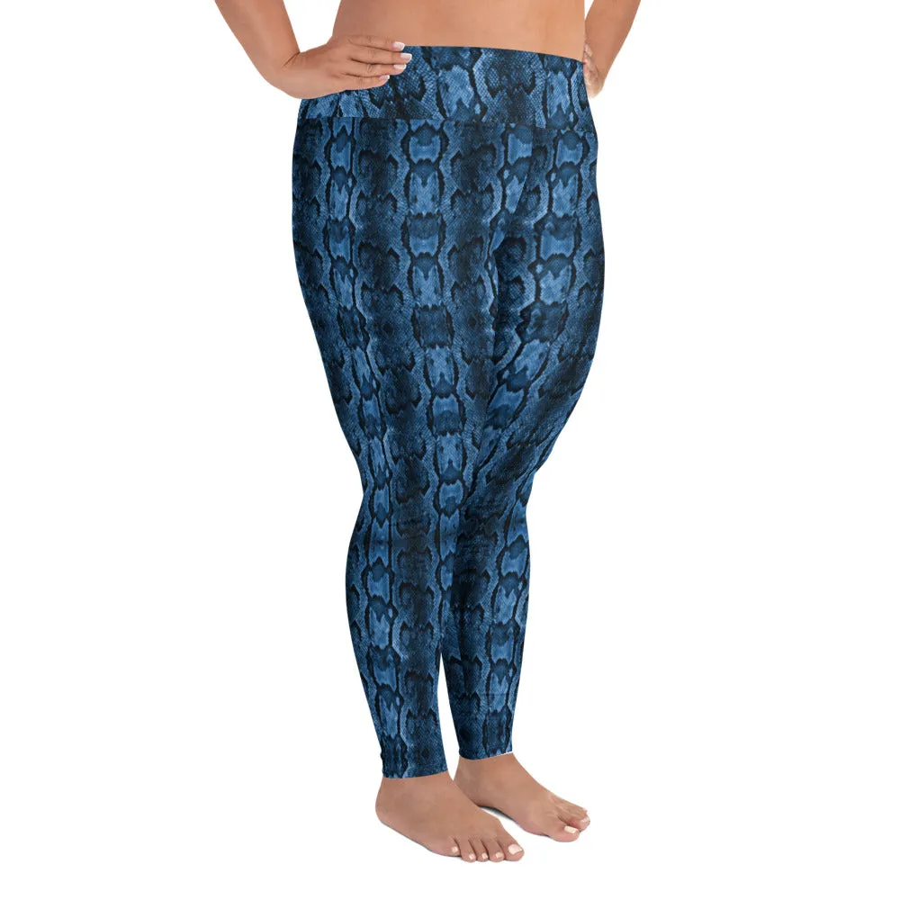 Blue Snake Print Women's Tights, Best Python Skin Print Plus Size Leggings For Ladies - Made in USA/EU/MX
