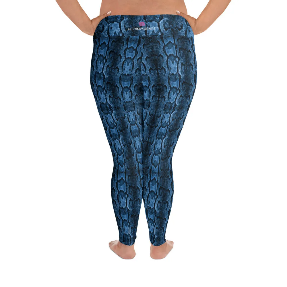 Blue Snake Print Women's Tights, Best Python Skin Print Plus Size Leggings For Ladies - Made in USA/EU/MX