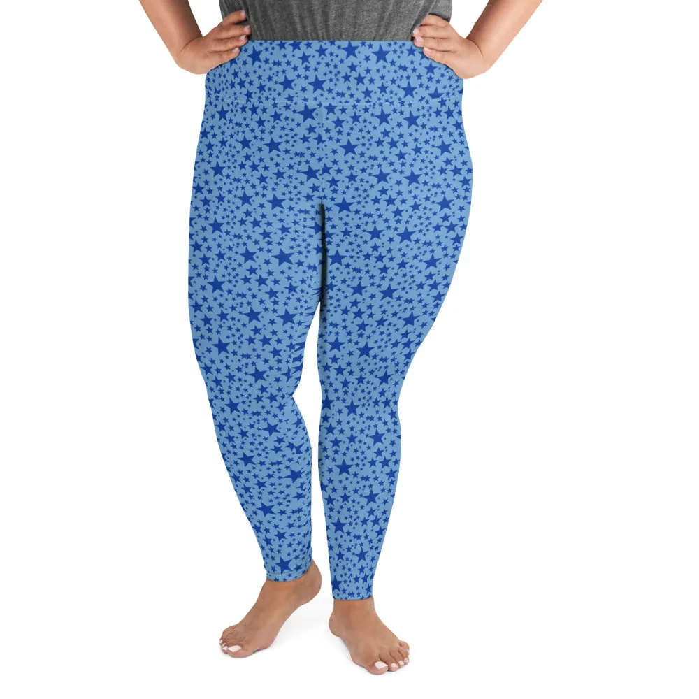 Blue Star Plus Size Leggings, Light Blue Star Space Pattern Women's Yoga Pants-Made in USA/EU