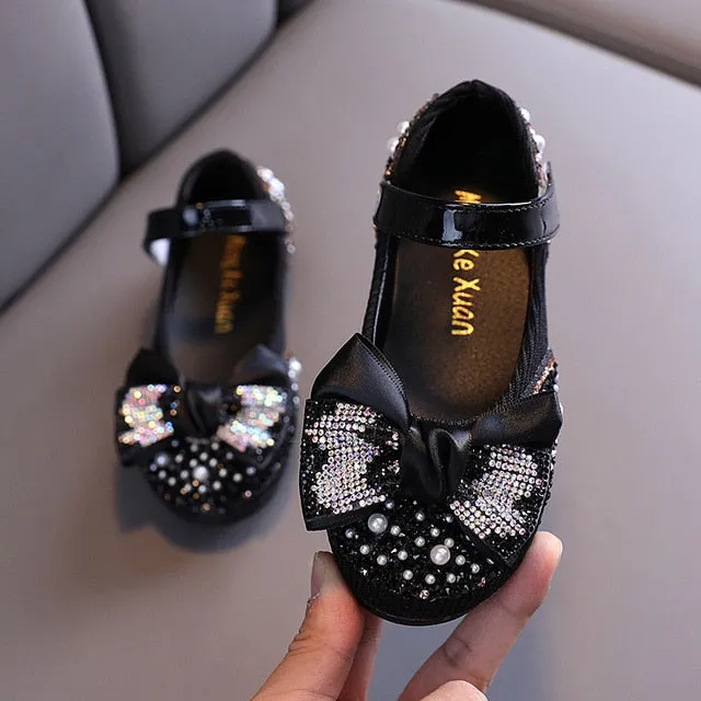 Children Leather Shoes Rhinestone Bow Princess Girls Party Kids Performance Shoes