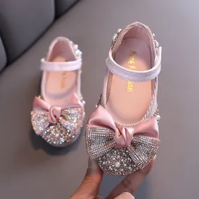 Children Leather Shoes Rhinestone Bow Princess Girls Party Kids Performance Shoes
