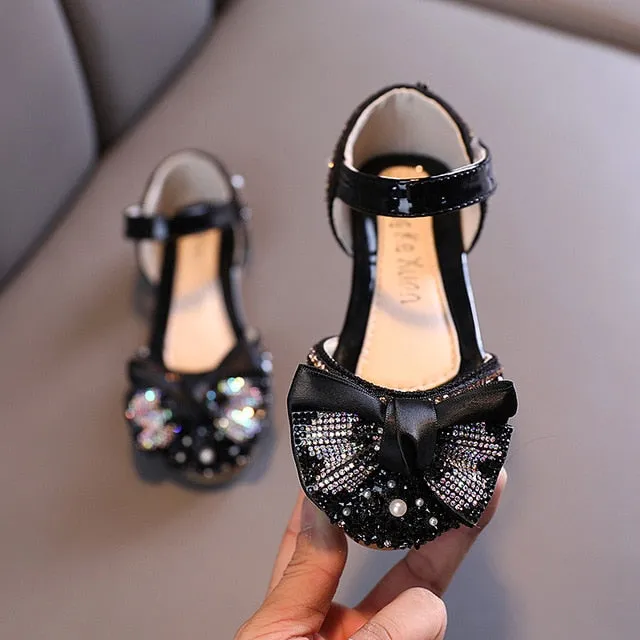 Children Leather Shoes Rhinestone Bow Princess Girls Party Kids Performance Shoes