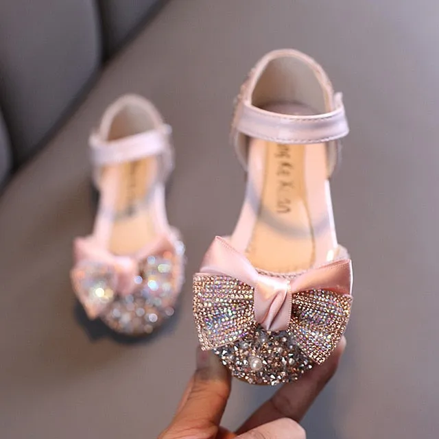 Children Leather Shoes Rhinestone Bow Princess Girls Party Kids Performance Shoes