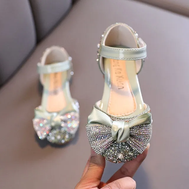 Children Leather Shoes Rhinestone Bow Princess Girls Party Kids Performance Shoes