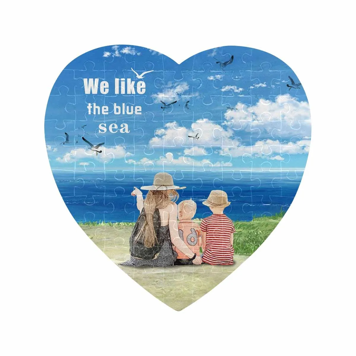 Custom Photo Blue Sea Heart-Shaped Jigsaw Puzzle Best Indoor Gifts For Lover 75 Pieces