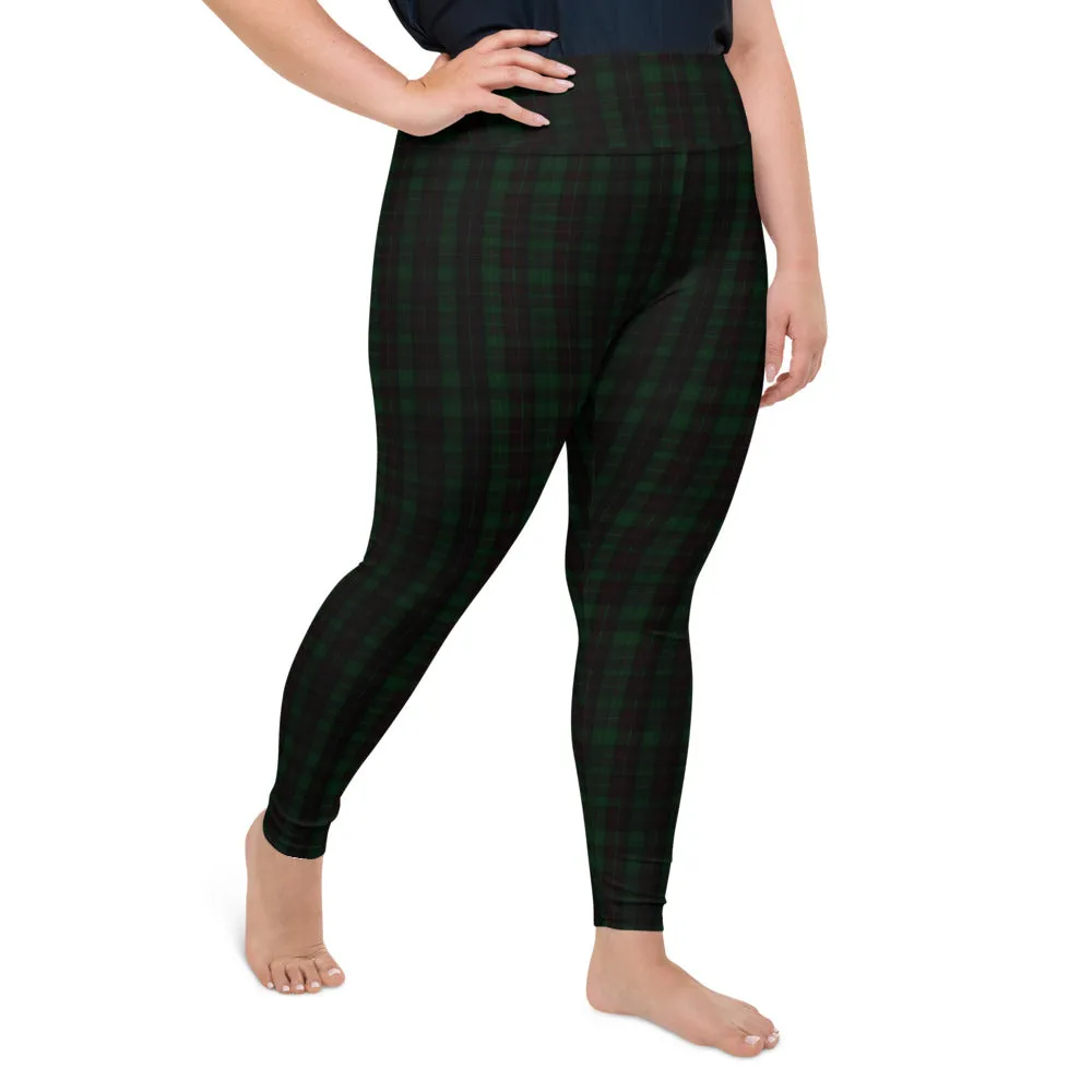 Dark Green Plaid Plus Size Tights, Scottish Tartan Print Plus Size Leggings-Made in USA/EU