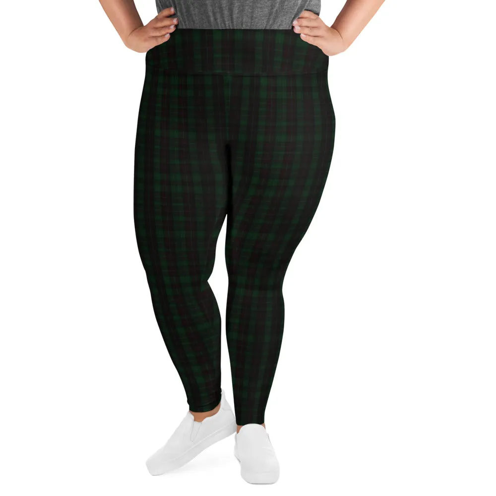 Dark Green Plaid Plus Size Tights, Scottish Tartan Print Plus Size Leggings-Made in USA/EU