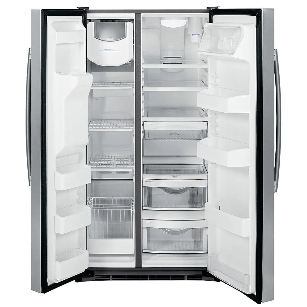 GE-25.4 Cu Ft. Frost Free Side by Side Refrigerator with Thru the Door Ice and Water-Stainless steel