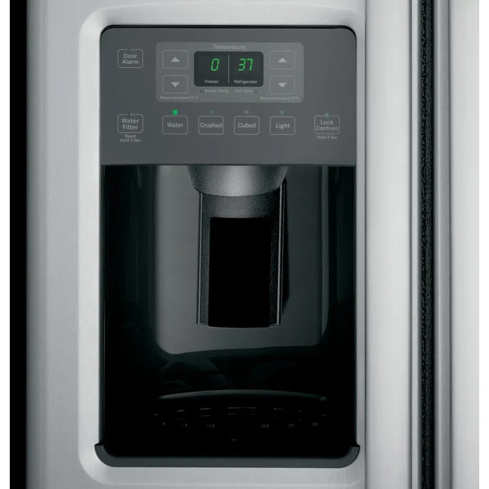 GE-25.4 Cu Ft. Frost Free Side by Side Refrigerator with Thru the Door Ice and Water-Stainless steel