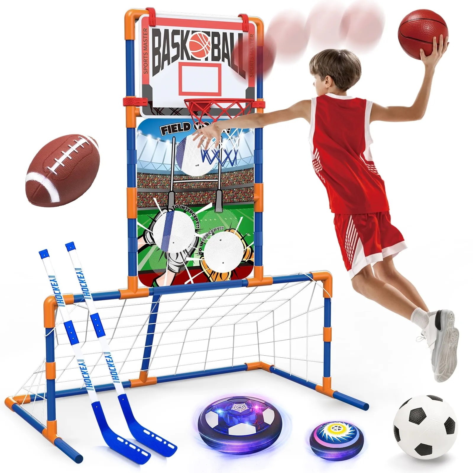 Hot Bee 5 in 1 Sports Center Basketball Hoop,Soccer Goal,Hover Ball,Bean Bag Toss and Hockey for Kids Outdoor Toys for Kids Toddler Ages 3 4 5 6 7 8 Years Old