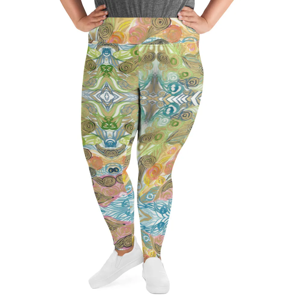 Japanese Wave Style Tights, Abstract Print Plus Size Leggings For Curvy Ladies - Made in USA/EU/MX