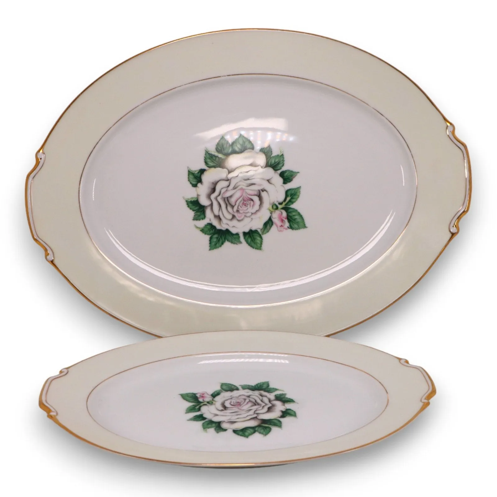 Kings Court 2pc White Rose Oval Serving Platters 17" and 13" Vintage 1960's