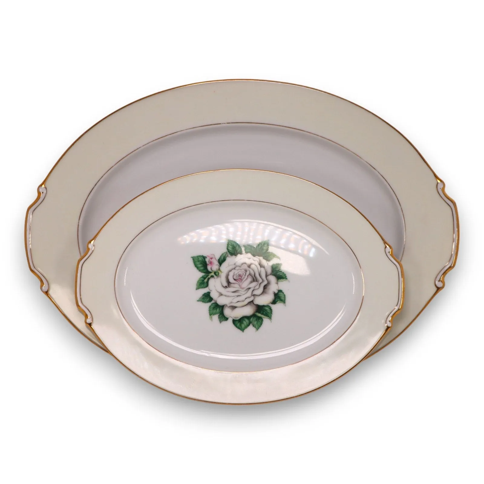 Kings Court 2pc White Rose Oval Serving Platters 17" and 13" Vintage 1960's