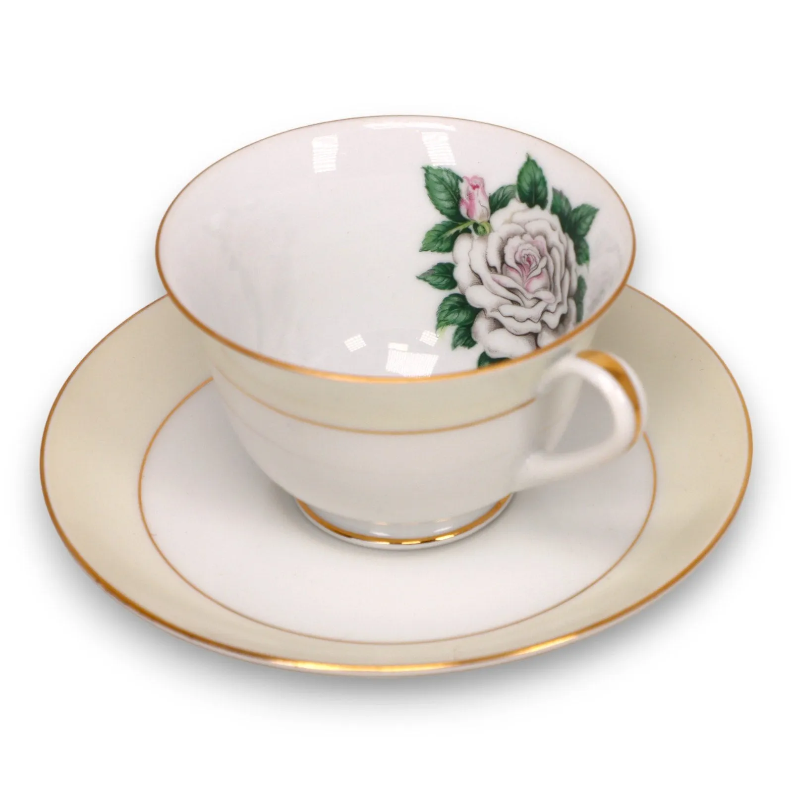 Kings Court White Rose Tea Cup Saucer Set Vintage 1960's