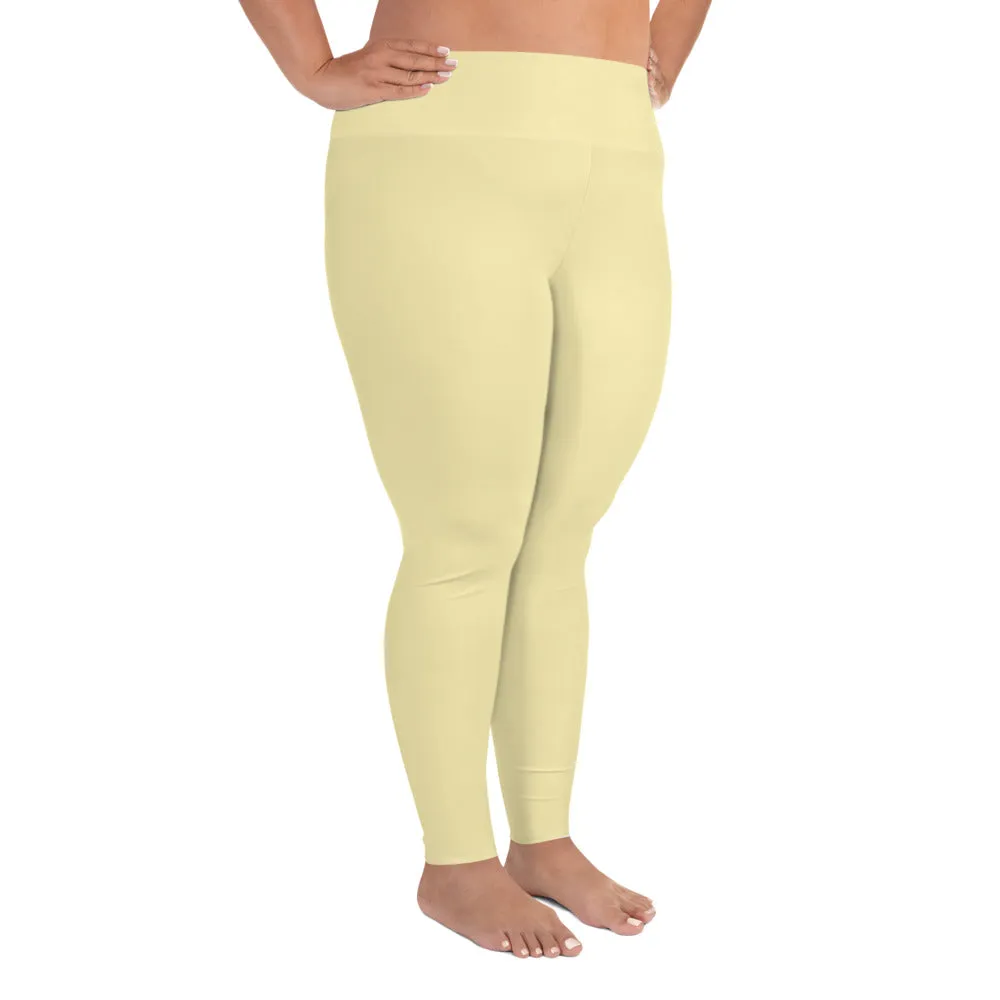 Light Pale Yellow Women's Tights, Solid Color Print Women's Plus Size Pastel Leggings- Made in USA/EU