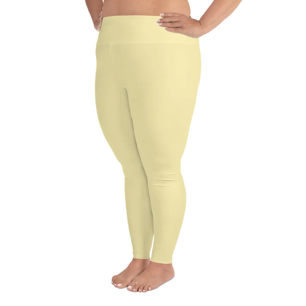 Light Pale Yellow Women's Tights, Solid Color Print Women's Plus Size Pastel Leggings- Made in USA/EU