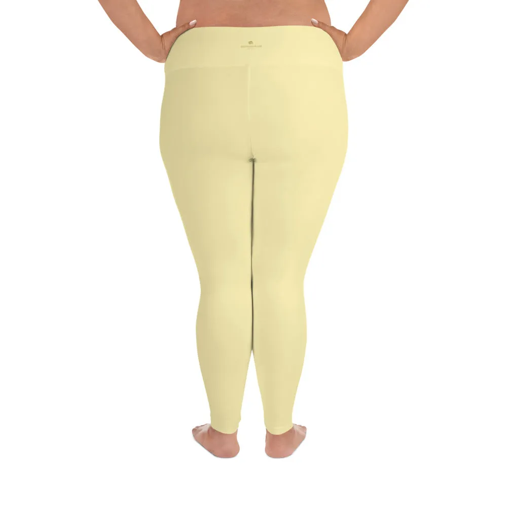 Light Pale Yellow Women's Tights, Solid Color Print Women's Plus Size Pastel Leggings- Made in USA/EU