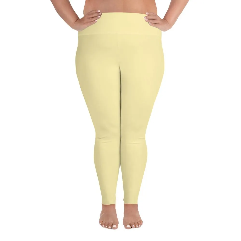 Light Pale Yellow Women's Tights, Solid Color Print Women's Plus Size Pastel Leggings- Made in USA/EU