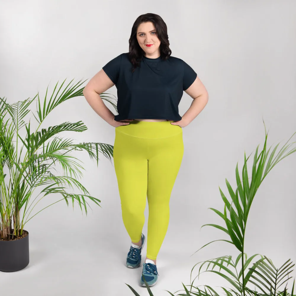 Lime Yellow Women's Tights, Solid Color Print Women's Plus Size Best Quality Leggings- Made in USA/EU