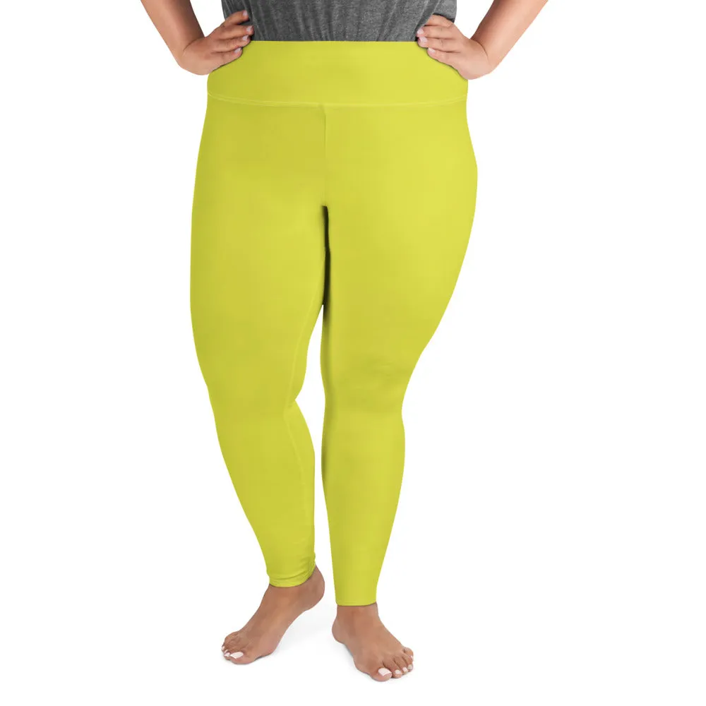 Lime Yellow Women's Tights, Solid Color Print Women's Plus Size Best Quality Leggings- Made in USA/EU