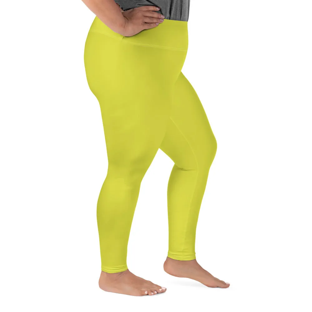 Lime Yellow Women's Tights, Solid Color Print Women's Plus Size Best Quality Leggings- Made in USA/EU