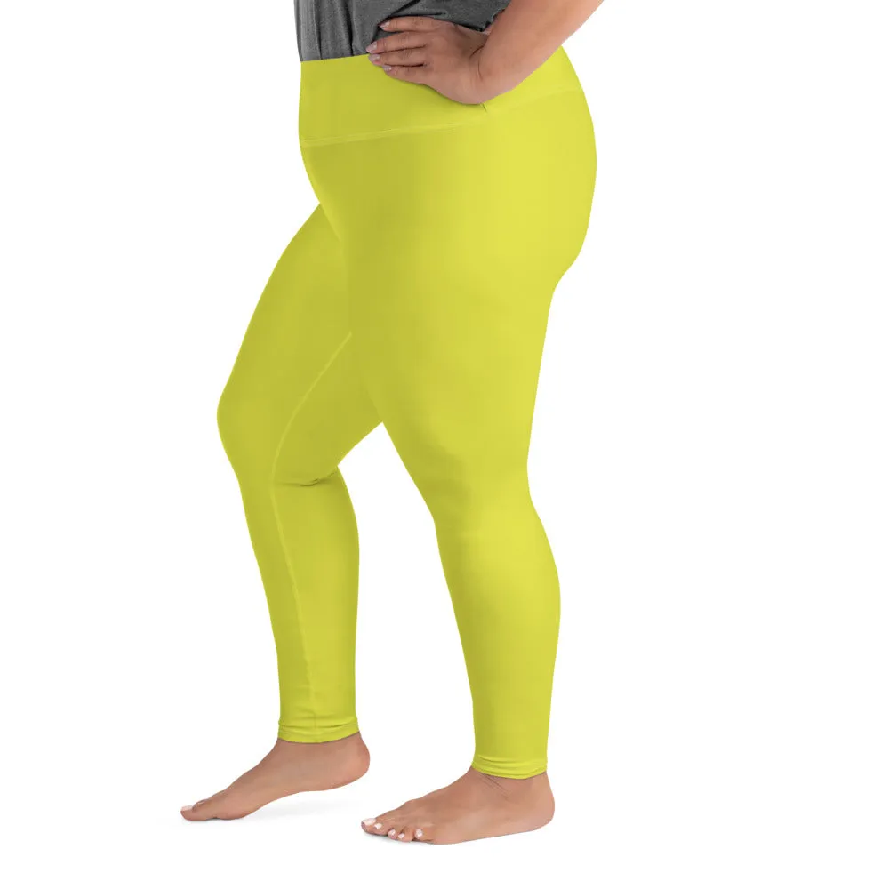 Lime Yellow Women's Tights, Solid Color Print Women's Plus Size Best Quality Leggings- Made in USA/EU