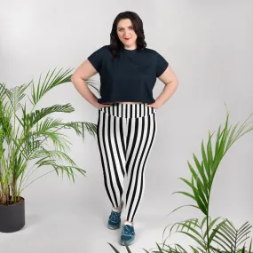 Long Striped Plus Size Tights, Best White and Black Vertical Stripe Print Women's Plus Size Leggings- Made in USA