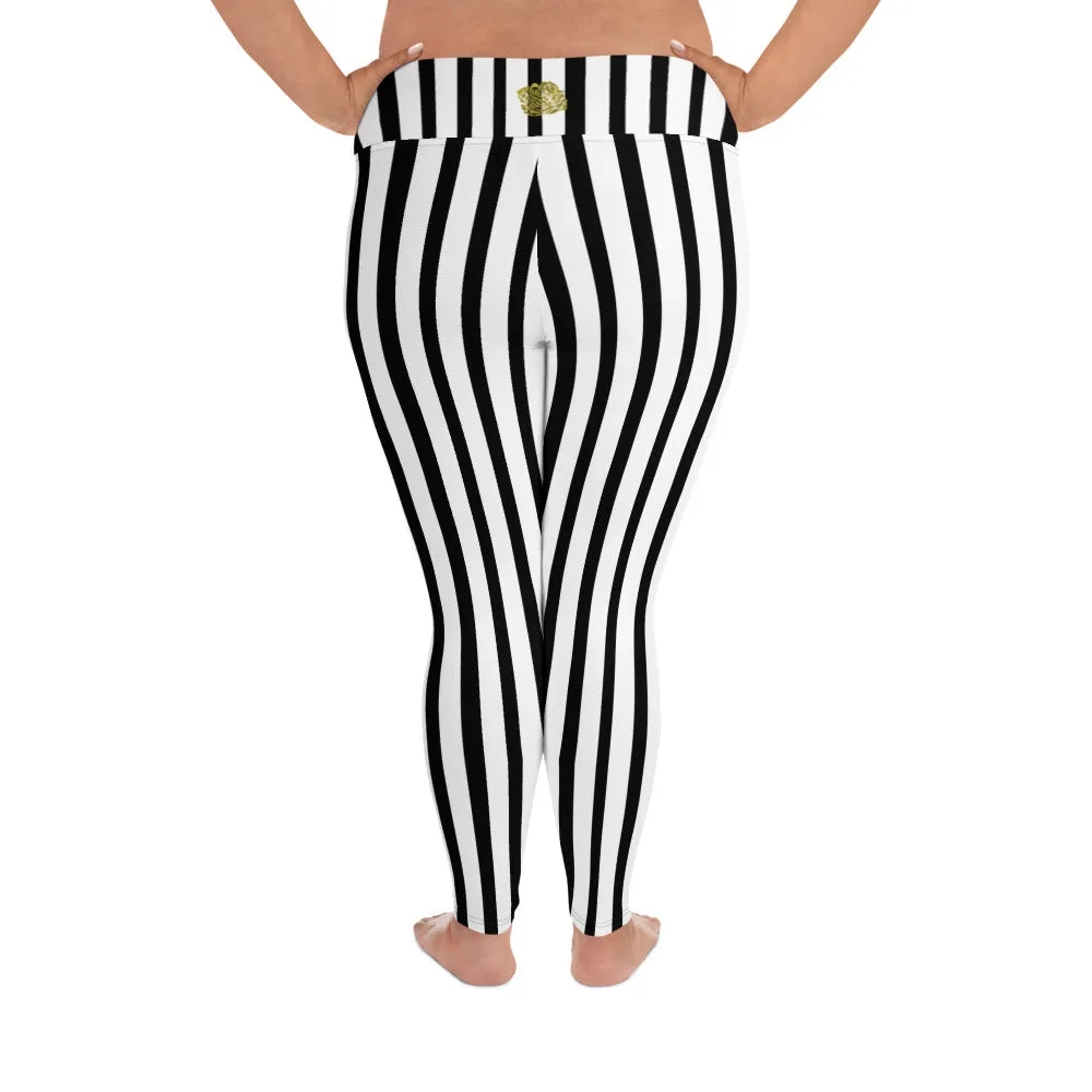 Long Striped Plus Size Tights, Best White and Black Vertical Stripe Print Women's Plus Size Leggings- Made in USA