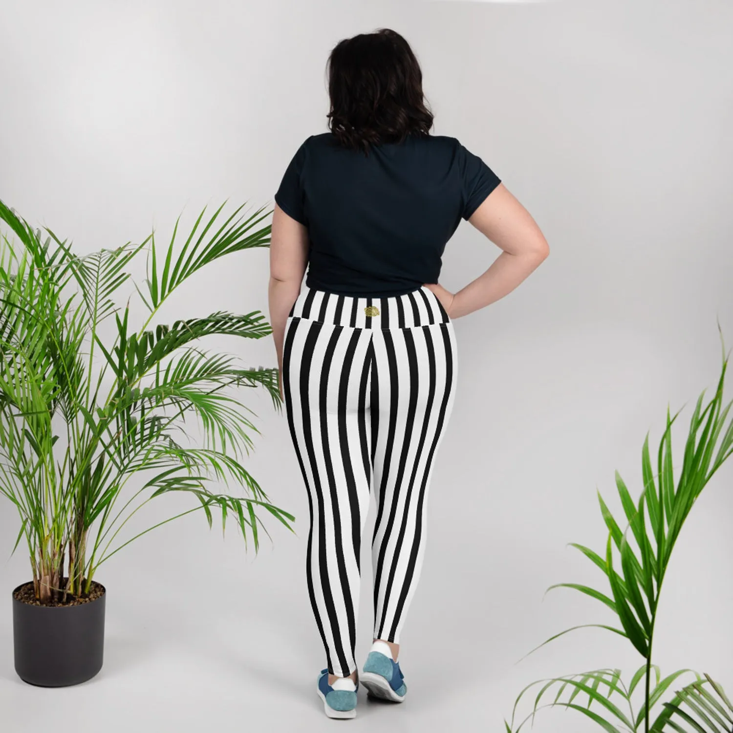 Long Striped Plus Size Tights, Best White and Black Vertical Stripe Print Women's Plus Size Leggings- Made in USA