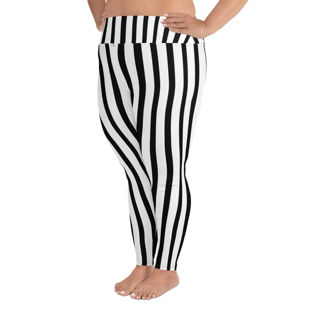 Long Striped Plus Size Tights, Best White and Black Vertical Stripe Print Women's Plus Size Leggings- Made in USA