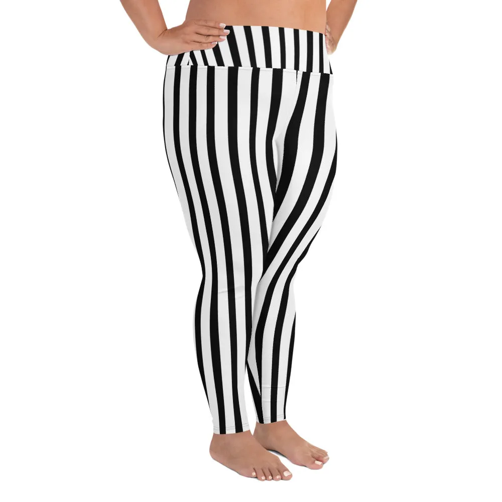 Long Striped Plus Size Tights, Best White and Black Vertical Stripe Print Women's Plus Size Leggings- Made in USA