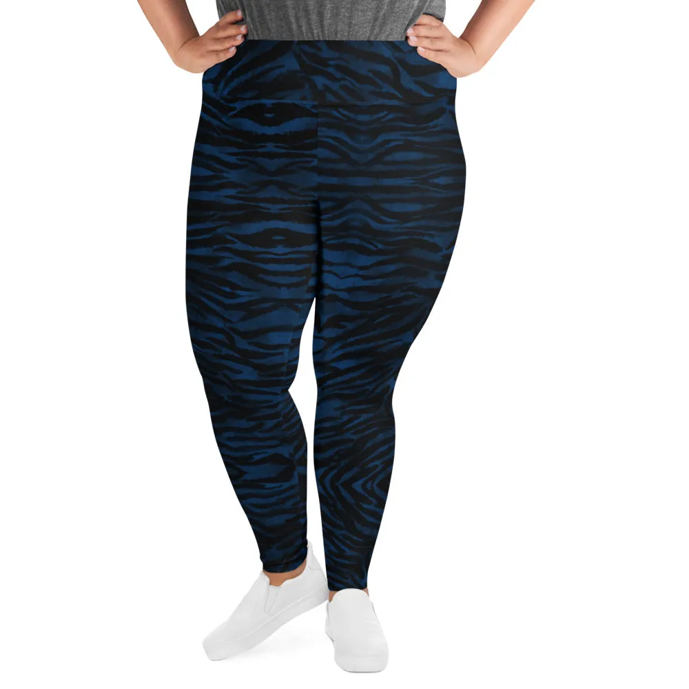 Navy Tiger Plus Size Leggings, Striped Animal Print Women's Long Yoga Pants-Made in USA/EU