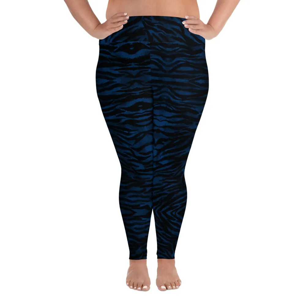 Navy Tiger Plus Size Leggings, Striped Animal Print Women's Long Yoga Pants-Made in USA/EU