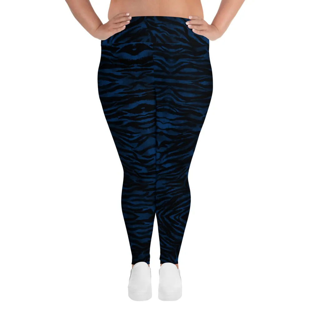 Navy Tiger Plus Size Leggings, Striped Animal Print Women's Long Yoga Pants-Made in USA/EU