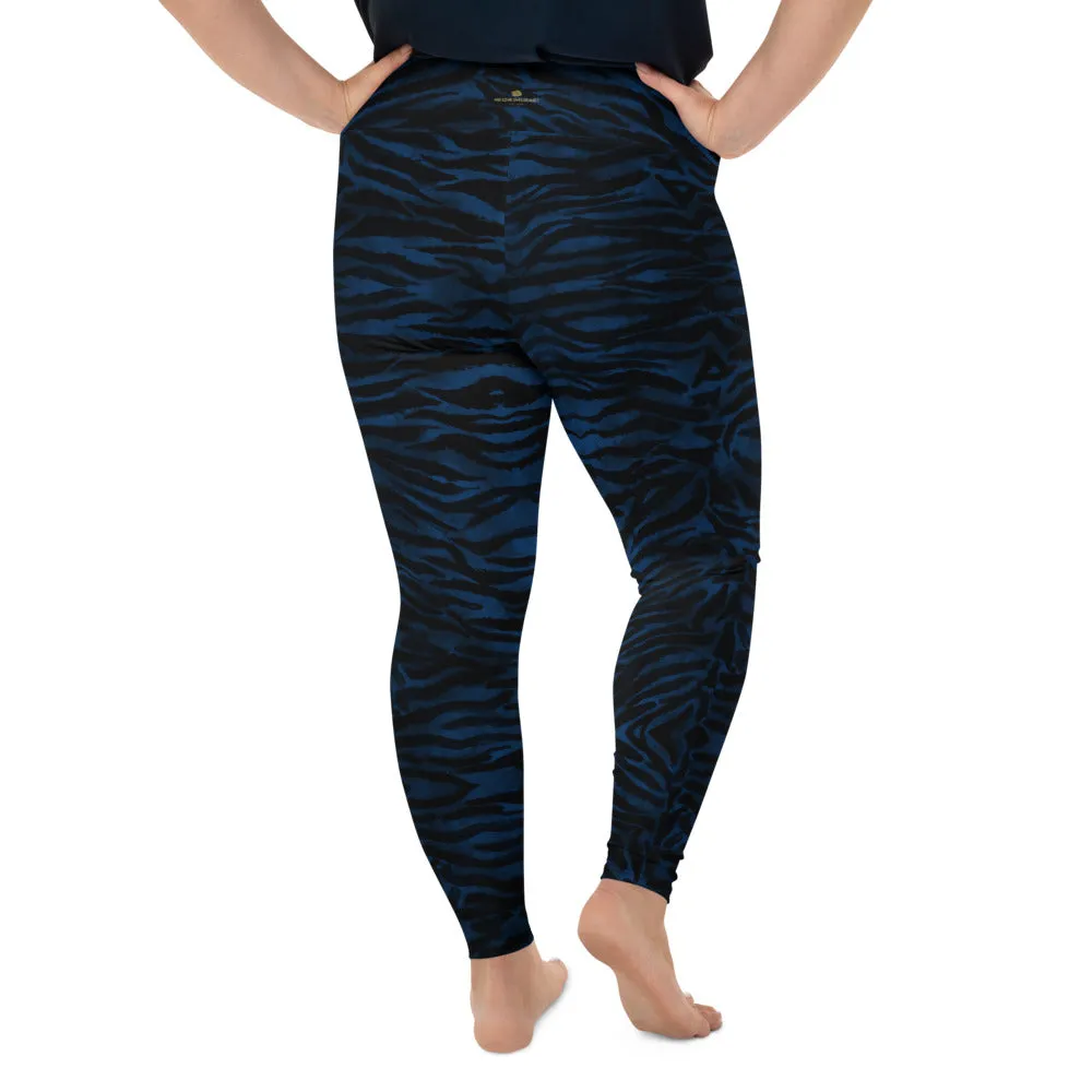 Navy Tiger Plus Size Leggings, Striped Animal Print Women's Long Yoga Pants-Made in USA/EU