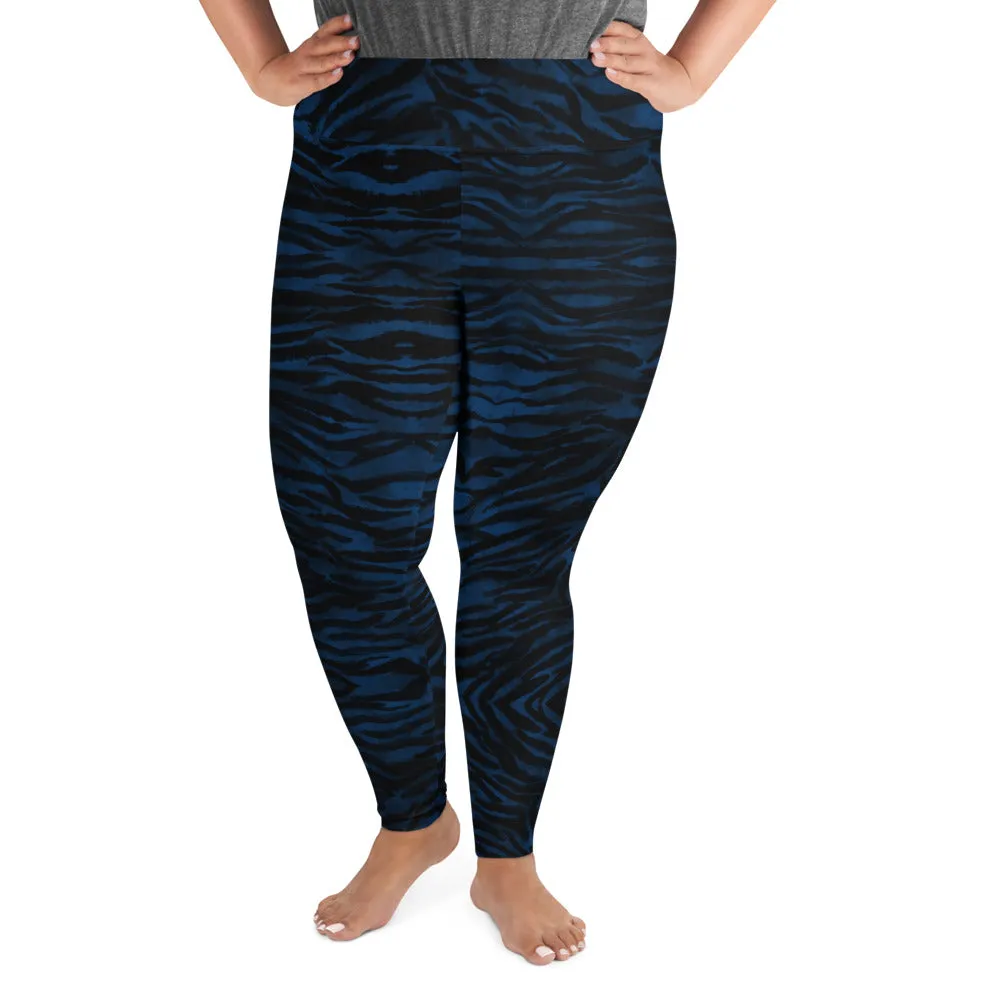 Navy Tiger Plus Size Leggings, Striped Animal Print Women's Long Yoga Pants-Made in USA/EU