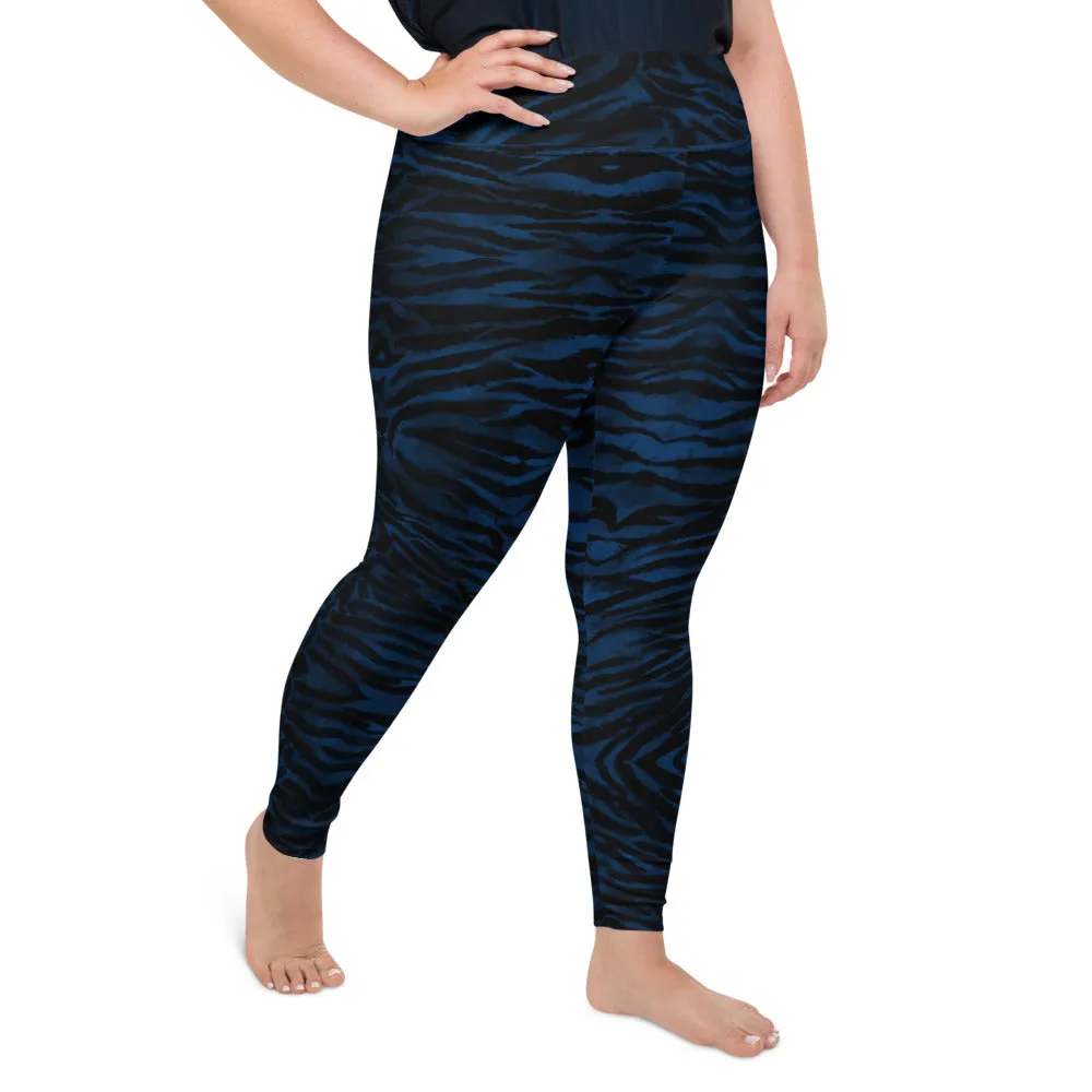 Navy Tiger Plus Size Leggings, Striped Animal Print Women's Long Yoga Pants-Made in USA/EU