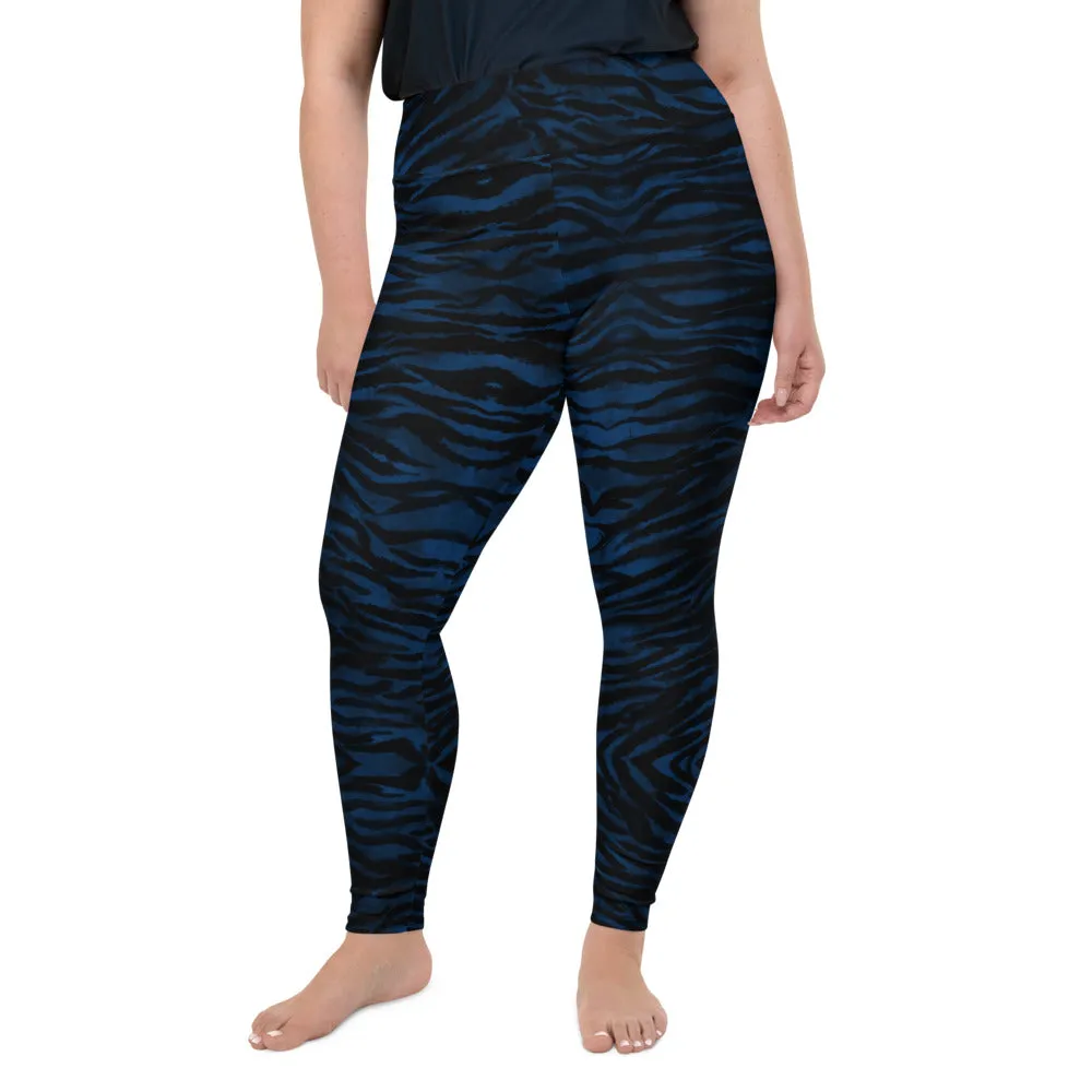 Navy Tiger Plus Size Leggings, Striped Animal Print Women's Long Yoga Pants-Made in USA/EU