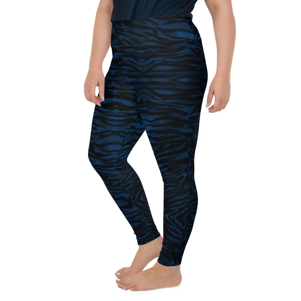 Navy Tiger Plus Size Leggings, Striped Animal Print Women's Long Yoga Pants-Made in USA/EU