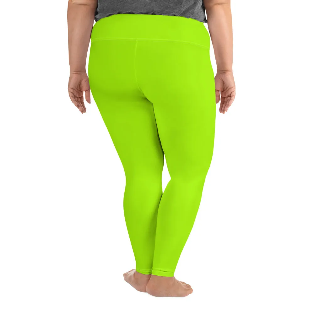 Neon Green Plus Size Leggings, Comfy Long Yoga Tights For Curvy Ladies -Made in USA/EU